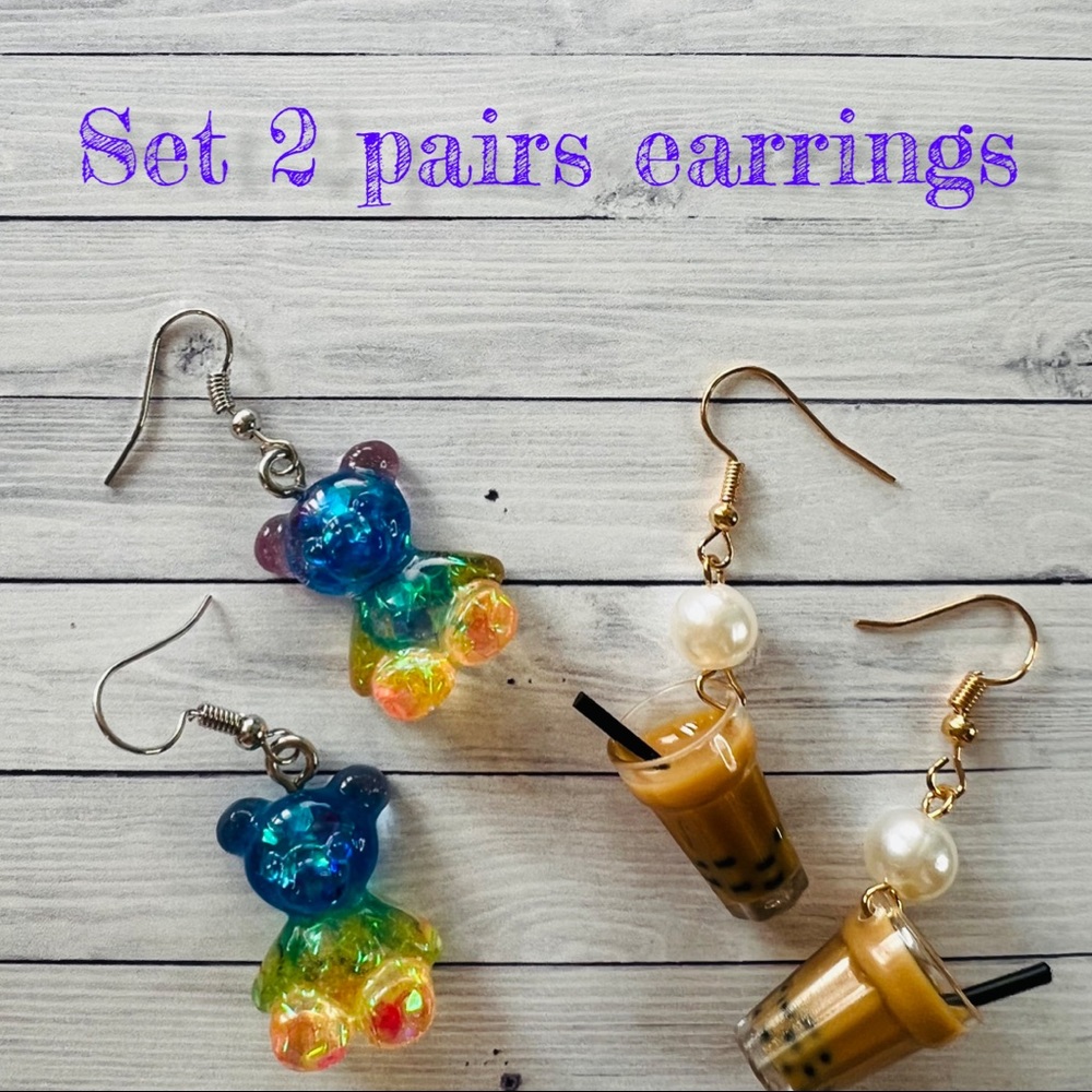 NEW WOMENS EARRINGS HAND MADE , TODDLER MILK & Bear SET 2 PAIRS resin